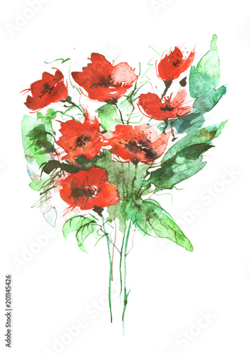 Watercolor painting. A bouquet of flowers of red poppies, wildflowers on a white isolated background.