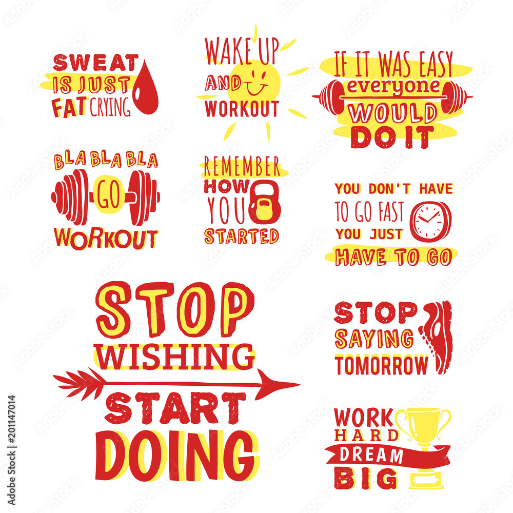 Sport motivational logo vector design hand drawn element banner gym crossfit trainings motivation text lettering illustration.
