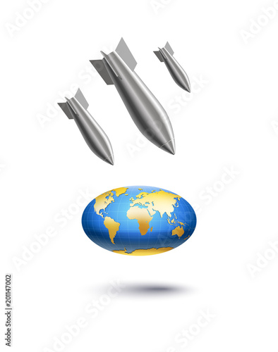 realistic stylized aerial bomb falls on planet globe