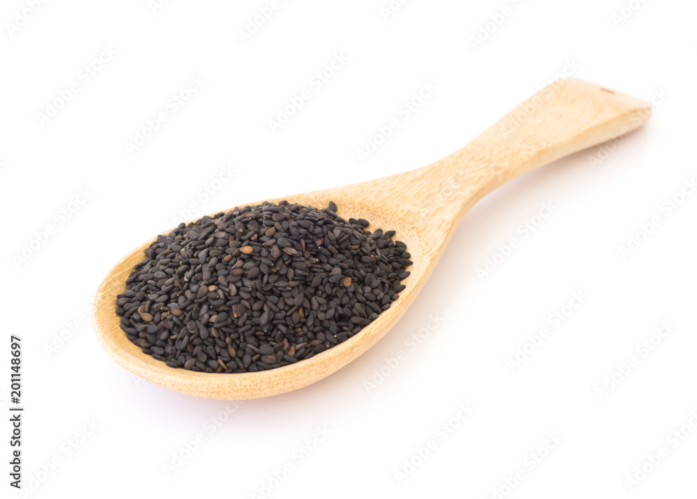 custom made wallpaper toronto digitalBlack sesame on wooden spoon with white background, healthy food concept