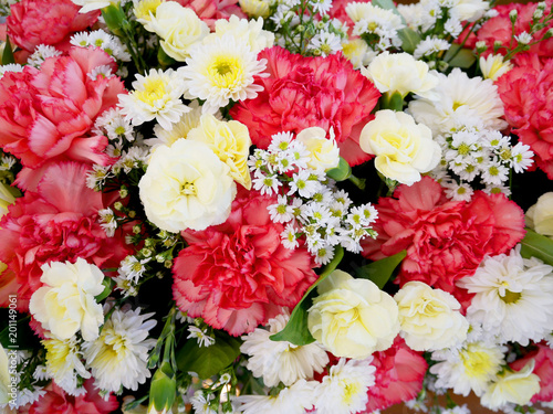 Wedding flowers background. Decoration made of carnations  roses and decorative plants.