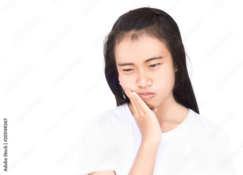 Closeup woman toothache with white background, health care and medical concept Closeup woman toothache with white background, health care and medical concept