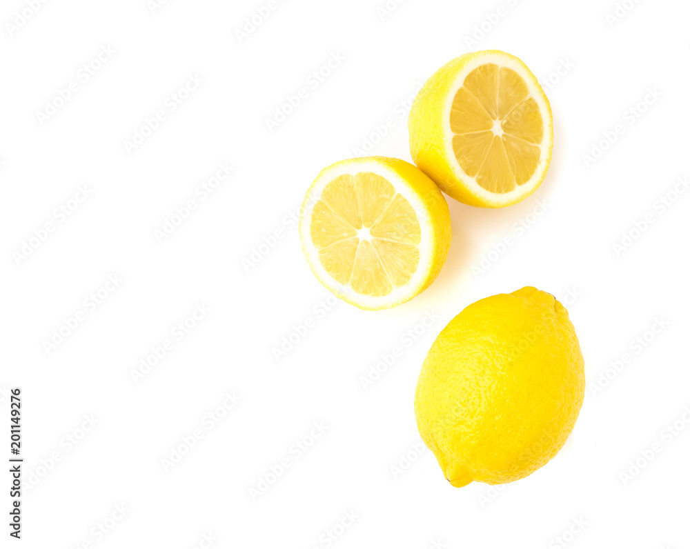 Closeup top view fresh lemon fruit slice on white background