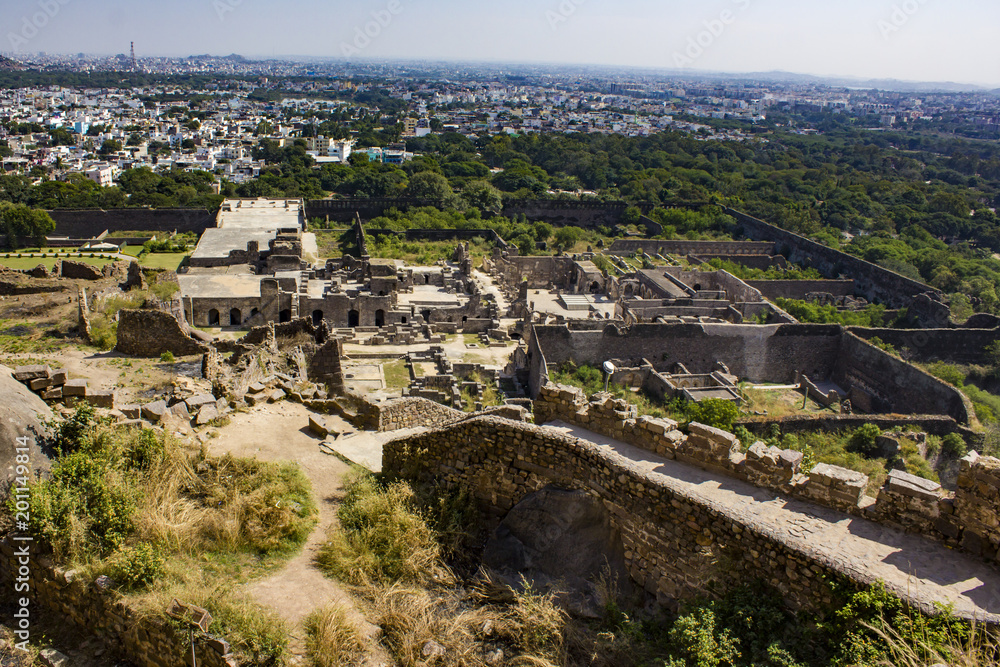 View of the Outline of the Walls and Entry of Golconda Fort with Downtown Hyderabad, India in the Background
