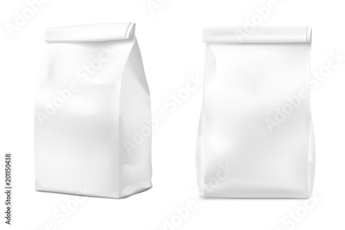 Food snack bags isolated on white background. Vector illustration. Front and side view. Can be use for template your design, presentation, promo, ad. EPS10.