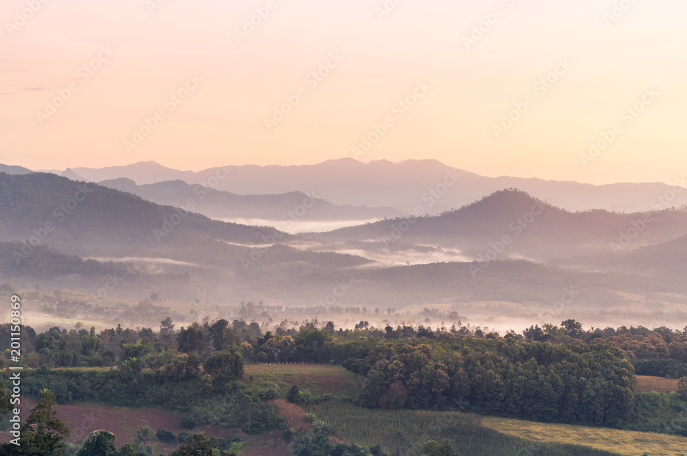 landscape view of sunrise on high angle view with white fog in early morning over rainforest mountain in thailand 
