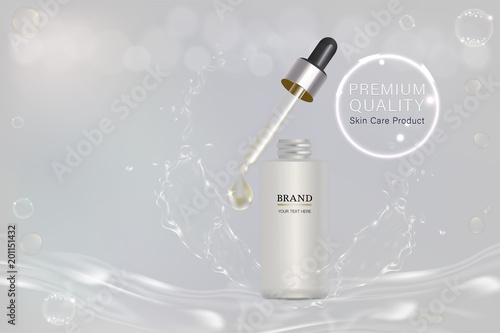 White cosmetic container with advertising background ready to use, liquid splash skin care ad, vector 3d illustration.