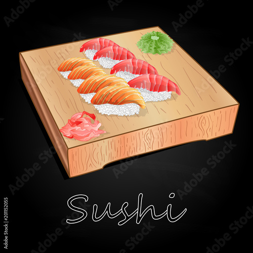 Various kinds of sushi served on wood desk black background.