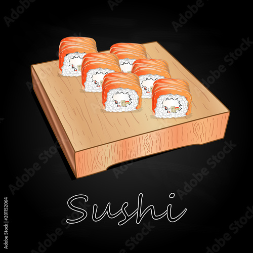 Various kinds of sushi served on wood desk black background.