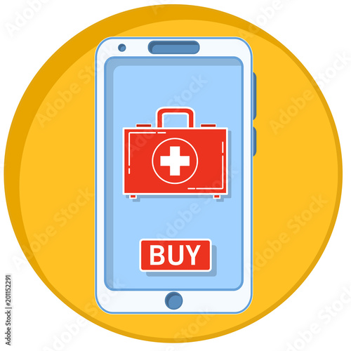 Mobile phone icon. The smartphone with mobile a application online the order and delivery of drugs. Electronic digital device. First aid kit of medical care. line art flat vector.