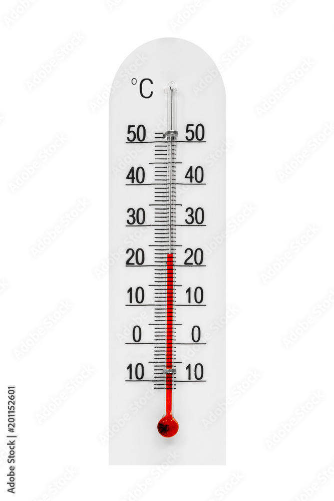 Plastic meteorology thermometer isolated on white background. Air  temperature plus 23 degrees celsius Stock Photo | Adobe Stock