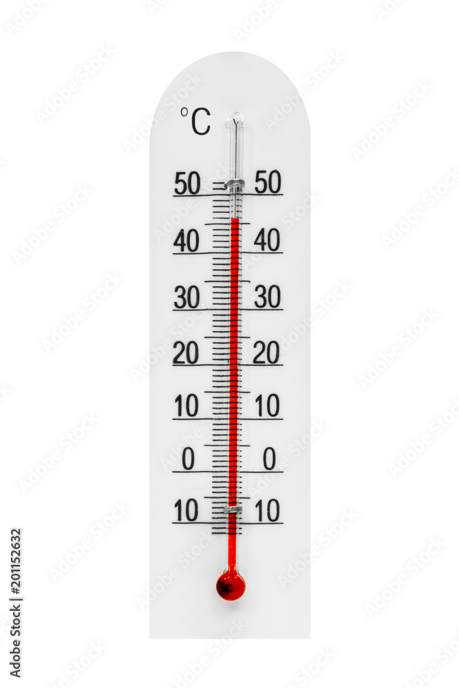 Atmospheric plastic meteorology thermometer isolated on white background.  Air temperature 46 degrees. Stock Photo | Adobe Stock