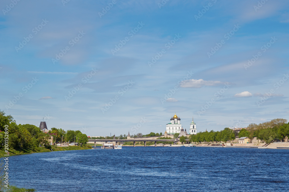 The Great River, Trinity Cathedral and the Bridge in Pskov