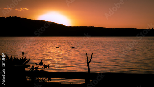 Sunset on Lake Rotoehu, Rotorua area, North Island of New Zealand photo