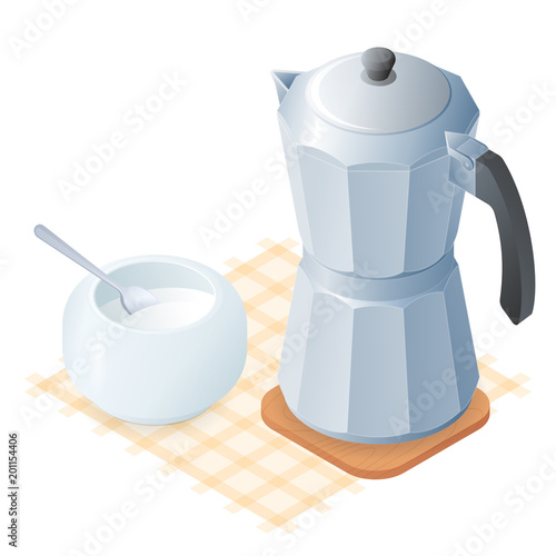 Flat isometric illustration of metal coffeemaker and sugar bowl. The hot beverage in the coffee maker, sugar basin with spoon. The morning food, breakfast, drink vector elements isolated on white.