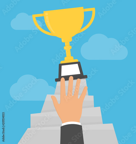 Hand trying to reach a golden trophy on top of the mountain. Motivation concept