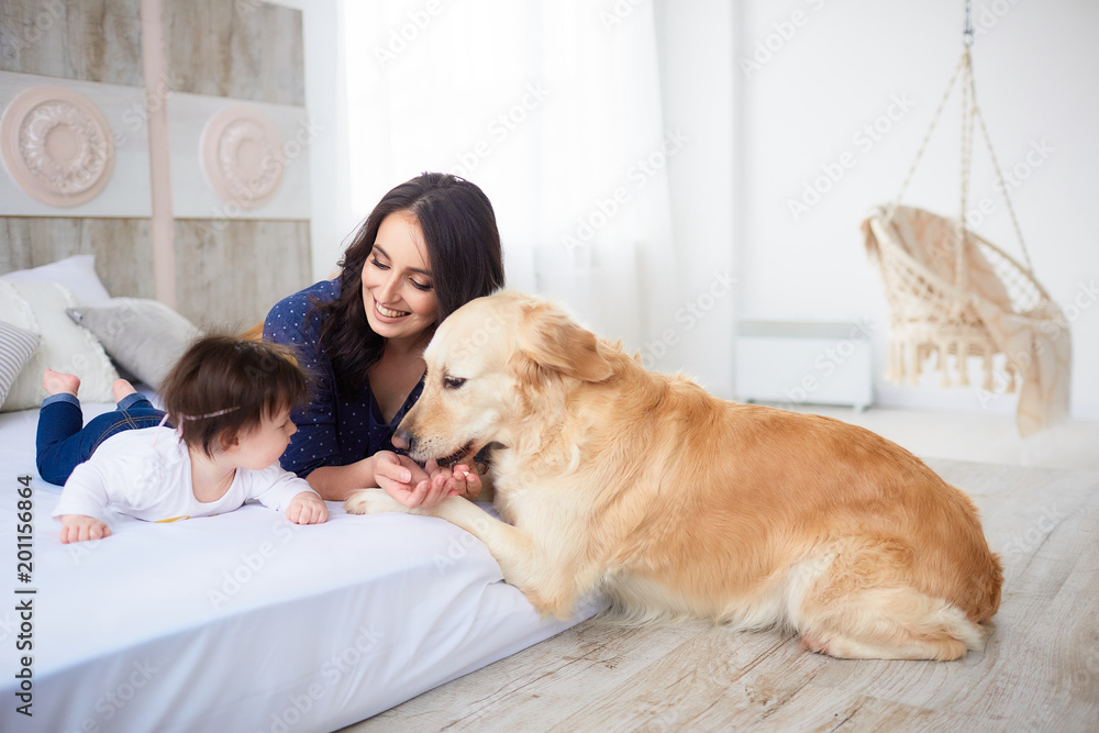 The mother with daughter lie on the bed and dog looking at them The mother with daughter lie on the bed and dog looking at them