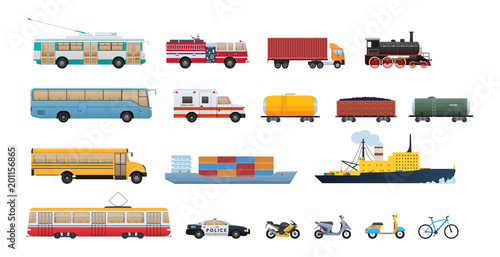 Transport, cars, water vehicle, railway transport train, tram, bicycle, scooter.