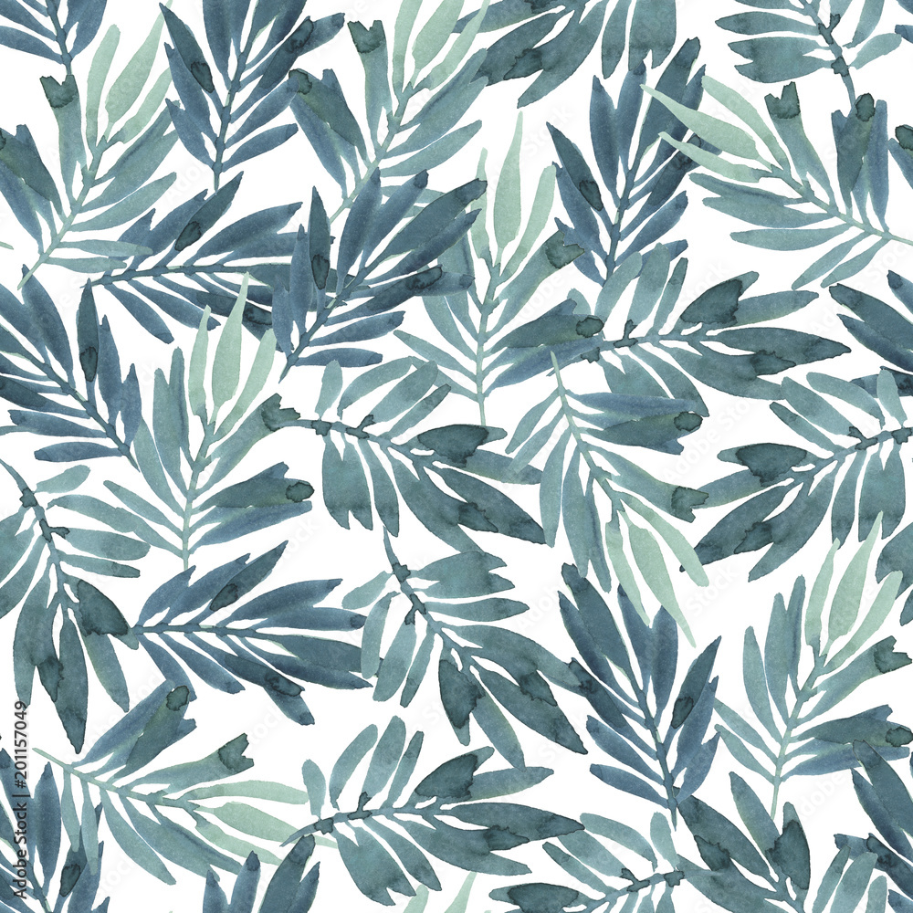 Seamless watercolor pattern of green leaves on white background