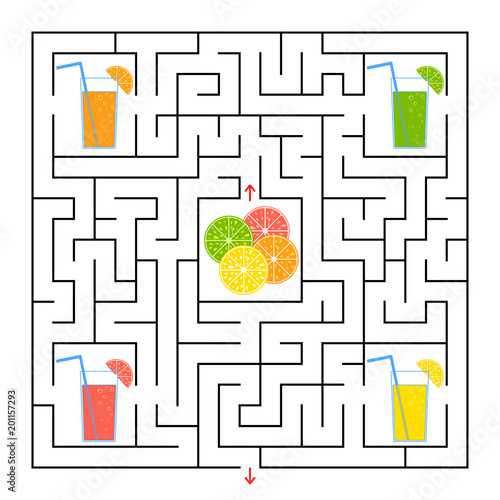 A square labyrinth. Collect all the glasses with juice and find a way out of the maze. Simple flat isolated vector illustration.