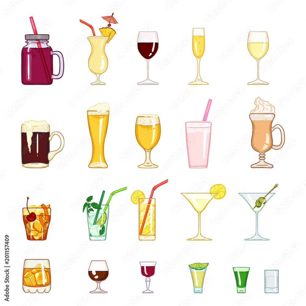 Vector Cartoon Set of Alcohol, Soft Drinks and Cocktails. Vector Cartoon Set of Alcohol, Soft Drinks and Cocktails.