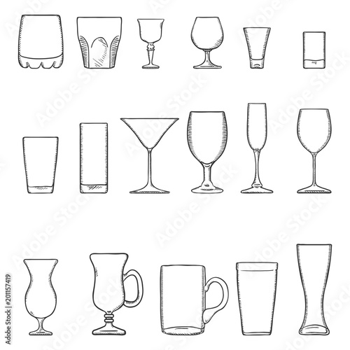 Vector Set Sketch Stemware. Glasses for Alcohol, Cocktail and Soft Drink