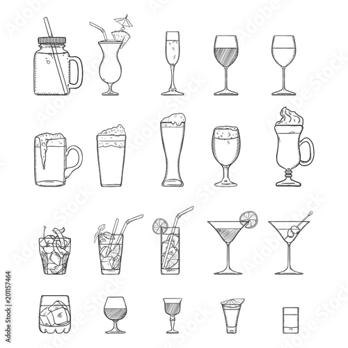 Vector Sketch Set of Alcohol, Soft Drinks and Cocktails.