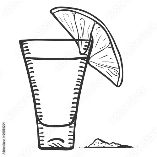Vector Sketch Tequila Shot with Lime Slice and Salt