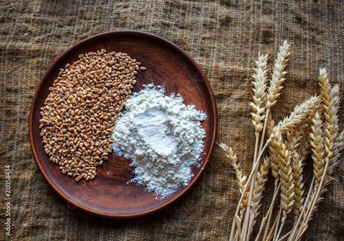 wheat flour and spikelets of wheat on sackcloth background photo