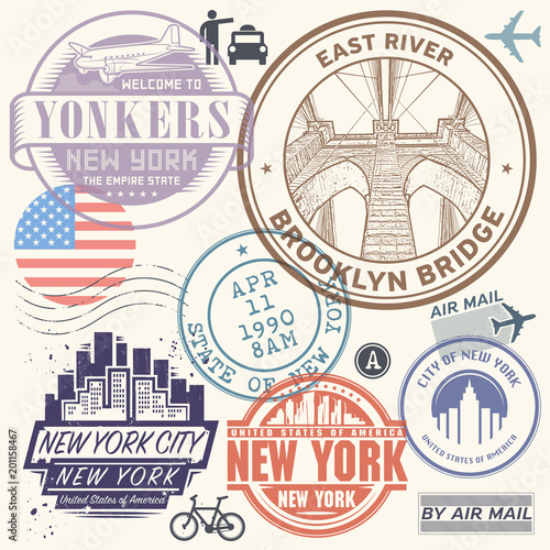 Retro postage USA airport stamps set