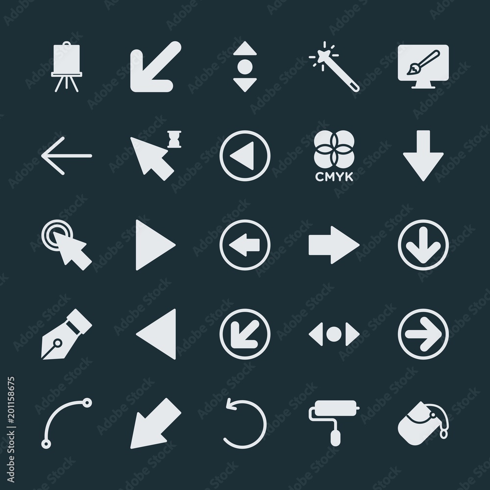 Modern Simple Set of arrows, cursors, design Vector fill Icons. ..Contains such Icons as work, technology, bucket, drawing, home, next and more on dark background. Fully Editable. Pixel Perfect. Modern Simple Set of arrows, cursors, design Vector fill Icons. ..Contains such Icons as work, technology, bucket, drawing, home, next and more on dark background. Fully Editable. Pixel Perfect.