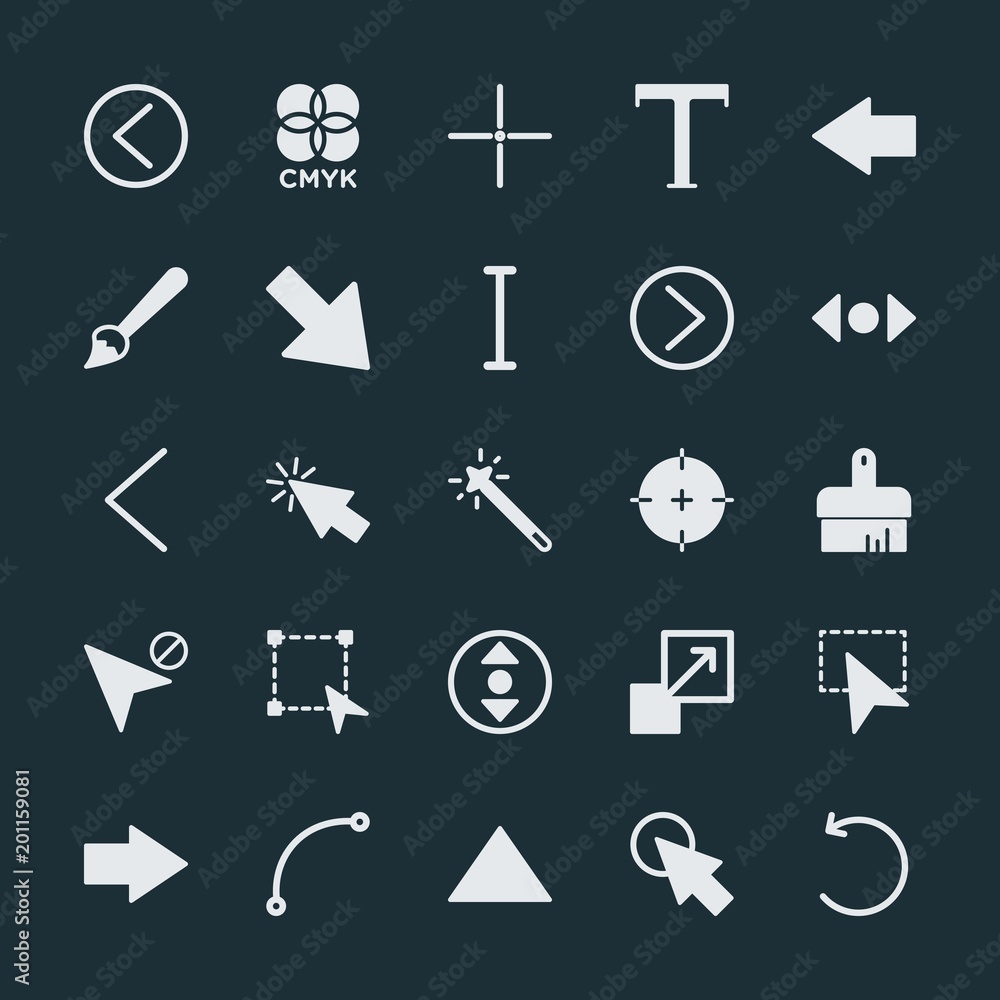 Modern Simple Set of arrows, cursors, design Vector fill Icons. ..Contains such Icons as paper, left, icon, brush, cursor, click, line and more on dark background. Fully Editable. Pixel Perfect. Modern Simple Set of arrows, cursors, design Vector fill Icons. ..Contains such Icons as paper, left, icon, brush, cursor, click, line and more on dark background. Fully Editable. Pixel Perfect.