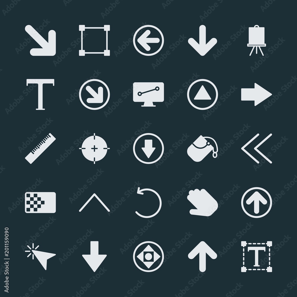 Modern Simple Set of arrows, cursors, design Vector fill Icons. ..Contains such Icons as background, down, next, paper, click, box, up and more on dark background. Fully Editable. Pixel Perfect. Modern Simple Set of arrows, cursors, design Vector fill Icons. ..Contains such Icons as background, down, next, paper, click, box, up and more on dark background. Fully Editable. Pixel Perfect.