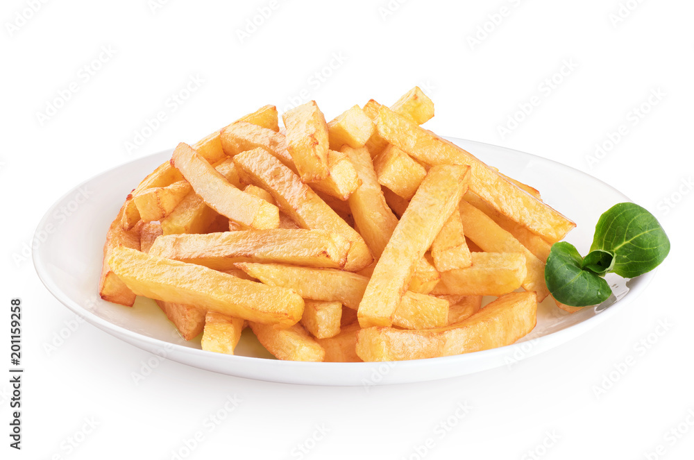 Plate with french fries and corn salad isolated on white background.
