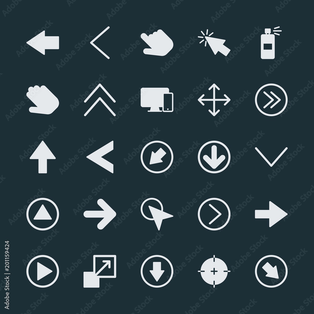 Modern Simple Set of arrows, cursors, design Vector fill Icons. ..Contains such Icons as pointer, direction, hand, spray, enlarge, paint and more on dark background. Fully Editable. Pixel Perfect. Modern Simple Set of arrows, cursors, design Vector fill Icons. ..Contains such Icons as pointer, direction, hand, spray, enlarge, paint and more on dark background. Fully Editable. Pixel Perfect.