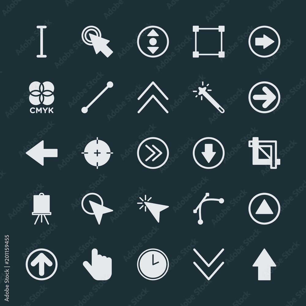 Modern Simple Set of arrows, cursors, design Vector fill Icons. ..Contains such Icons as button, box, right, watch, success, color, text and more on dark background. Fully Editable. Pixel Perfect. Modern Simple Set of arrows, cursors, design Vector fill Icons. ..Contains such Icons as button, box, right, watch, success, color, text and more on dark background. Fully Editable. Pixel Perfect.