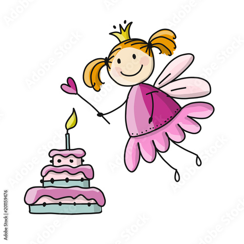 Cute little fairy with cake, sketch for your design