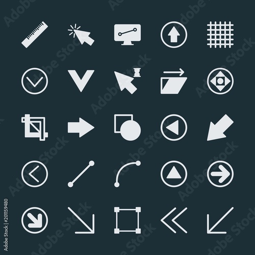 Modern Simple Set of arrows, cursors, design Vector fill Icons. ..Contains such Icons as equipment, isolated, ruler, direction, cursor and more on dark background. Fully Editable. Pixel Perfect.