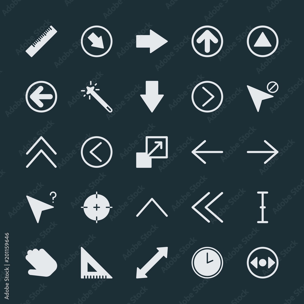 Modern Simple Set of arrows, cursors, design Vector fill Icons. ..Contains such Icons as horizontal, arrow, scroll, block, double, time and more on dark background. Fully Editable. Pixel Perfect. Modern Simple Set of arrows, cursors, design Vector fill Icons. ..Contains such Icons as horizontal, arrow, scroll, block, double, time and more on dark background. Fully Editable. Pixel Perfect.