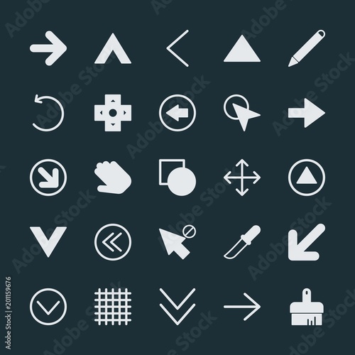 Modern Simple Set of arrows, cursors, design Vector fill Icons. ..Contains such Icons as previous, illustration, sign, kitchen, pointer and more on dark background. Fully Editable. Pixel Perfect.