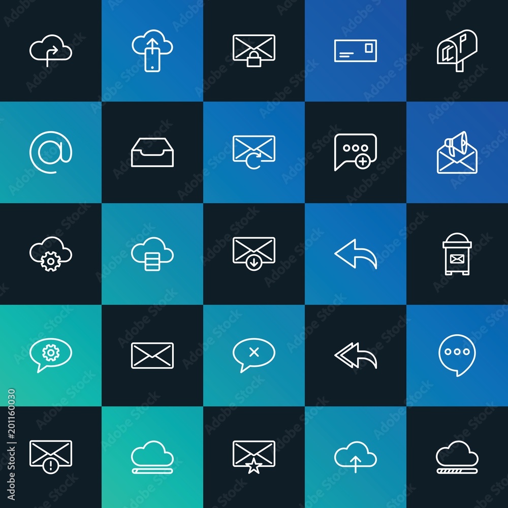 Modern Simple Set of cloud and networking, chat and messenger, email Vector outline Icons. ..Contains such Icons as cloud, mail and more on dark and gradient background. Fully Editable. Pixel Perfect.