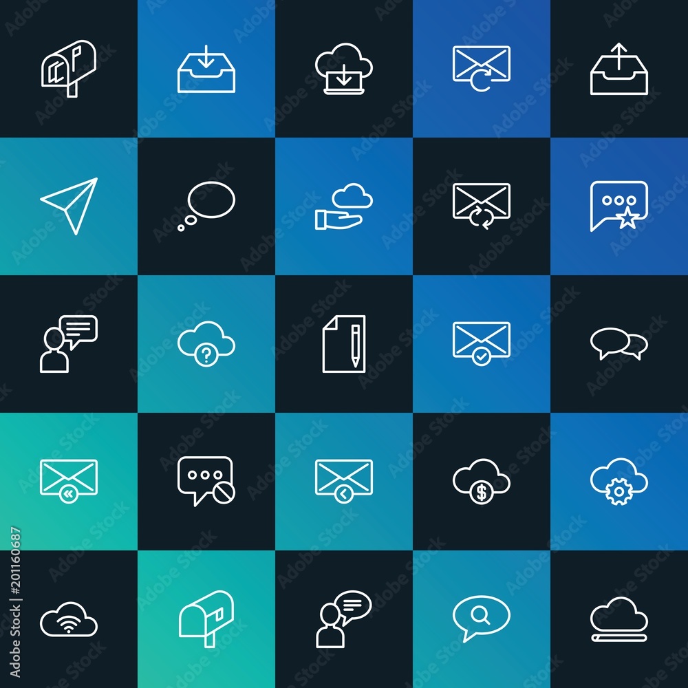 Modern Simple Set of cloud and networking, chat and messenger, email Vector outline Icons. ..Contains such Icons as  mail,  sky and more on dark and gradient background. Fully Editable. Pixel Perfect.