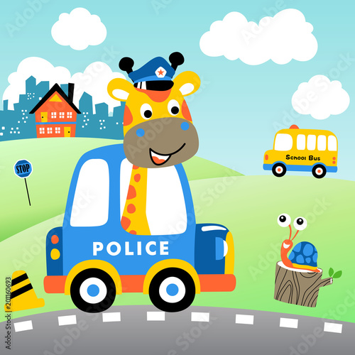 Plakat śmieszne patrol policji, żyrafa z małego ślimaka, ruch uliczny, ilustracja kreskówka wektor