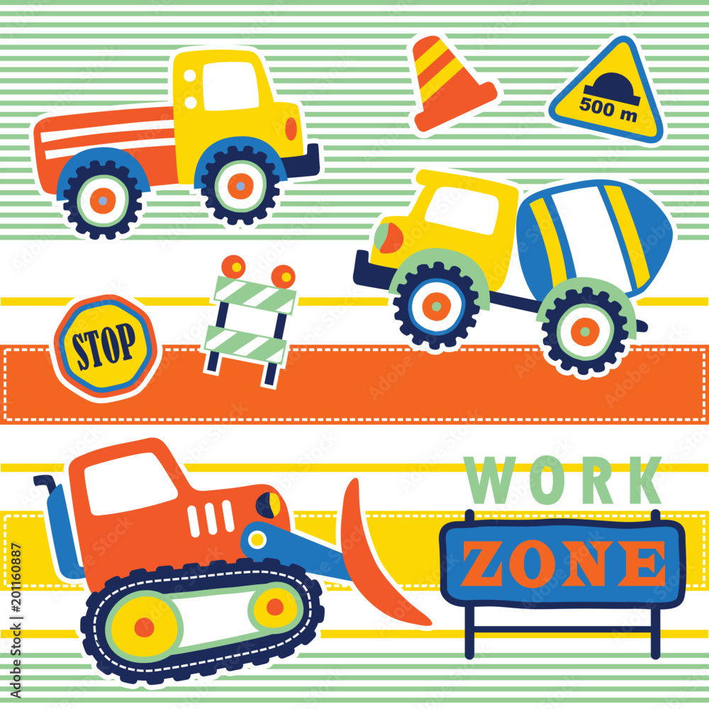 Construction vehicles with construction signs on colorful striped, vector cartoon illustration