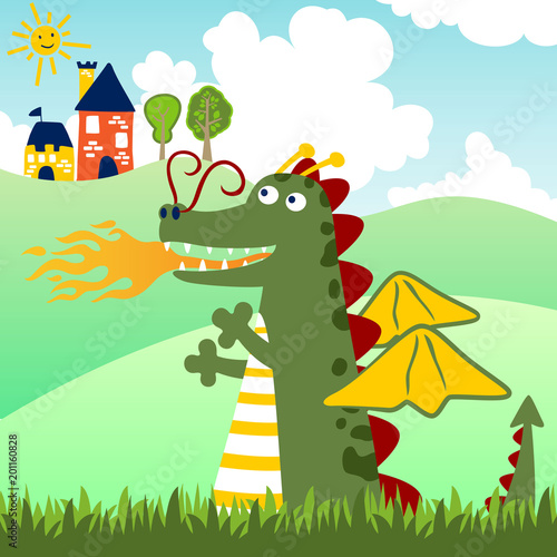 vector cartoon of funny dragon with castle
