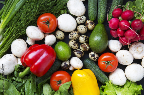 Composition with different fresh organic fruits and vegetables. Top view. Flat lay.