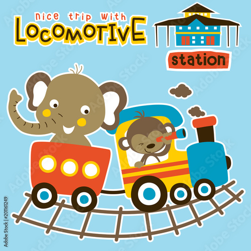 Animals cartoon vacation with train, vector cartoon illustration