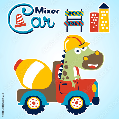big animal on mixer truck, vector cartoon illustration