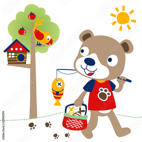 Cute animal going home from fishing  fishing time with little bear  vector cartoon illustration