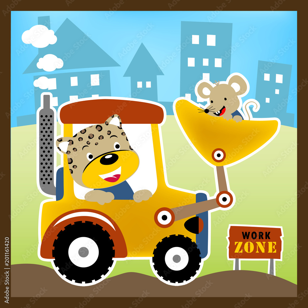 Fototapeta Animals worker on construction equipment, vector cartoon illustration